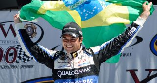 BROOKLYN, MI - AUGUST 18:  Nelson Piquet Jr., driver of the #30 Autotrac Chevrolet, celebrates in Victory Lane after winning the NASCAR Camping World Truck Series VFW 200 at Michigan International Speedway on August 18, 2012 in Brooklyn, Michigan.  (Photo by Jared C. Tilton/Getty Images) | Getty Images